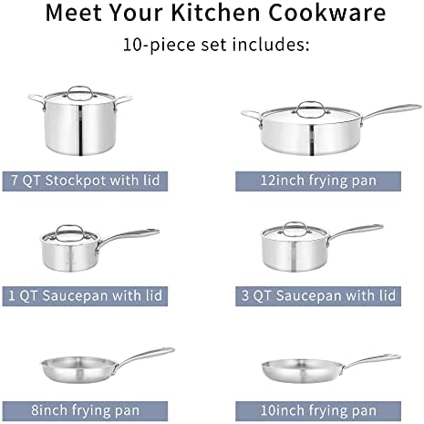 ROYDX Pots and Pans Set, 10 Piece Stainless Steel Kitchen Removable Handle  Cookware Set, Frying Saucepans with Lid, Stay-Cool Handles for All Stoves